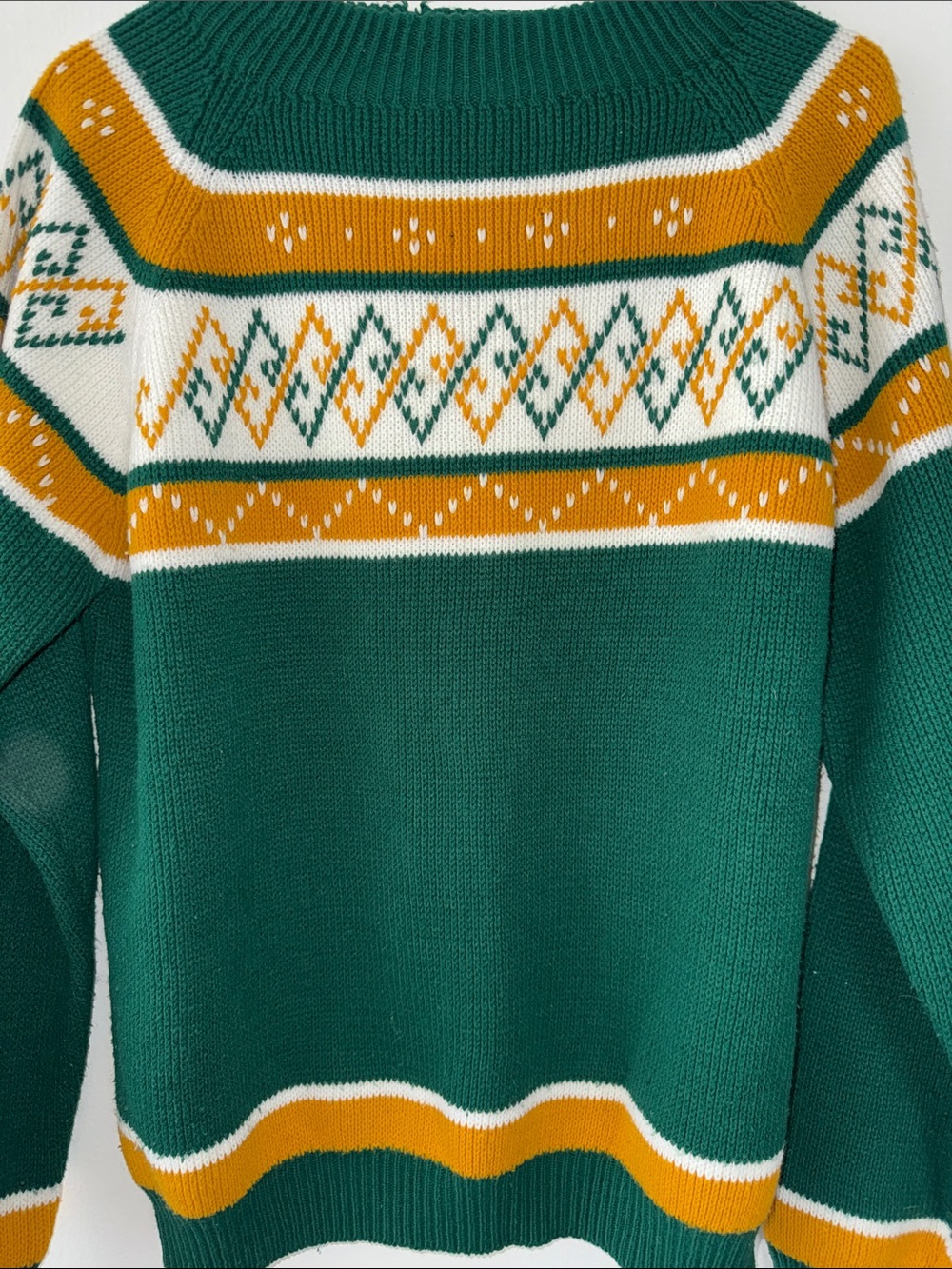 Vintage 1970s Nordic Ski Sweater Green Gold White Geometric Fair Isle Large - Picture 5 of 6